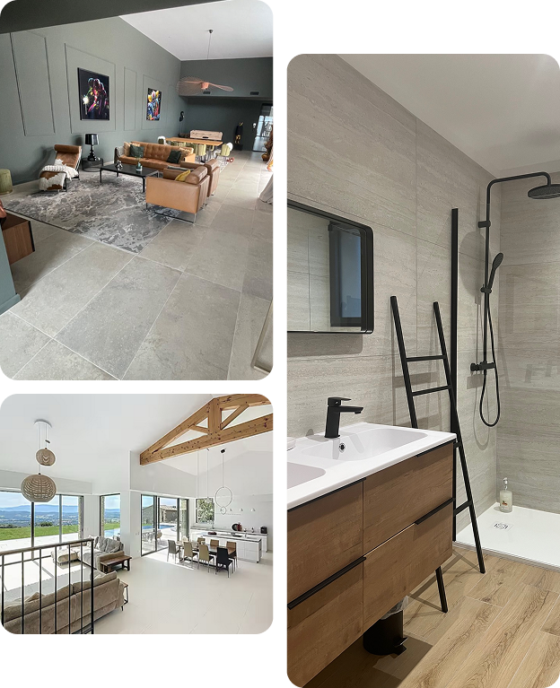 carrelage intérieurs modernes : salon, salle de bain et cuisine ouverte avec vue à Saint-Nazaire-de-Pezan près de Montpellier dans l'Hérault 34